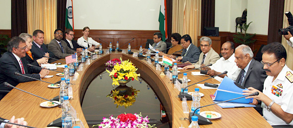 US Defence Secretary Panetta and Defence Minister Antony during a delegation level talk