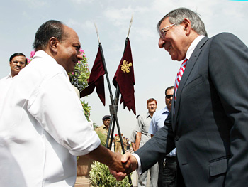 Defence Minister A.K. Antony shaking hands with US Secretary of Defence Leon Panetta